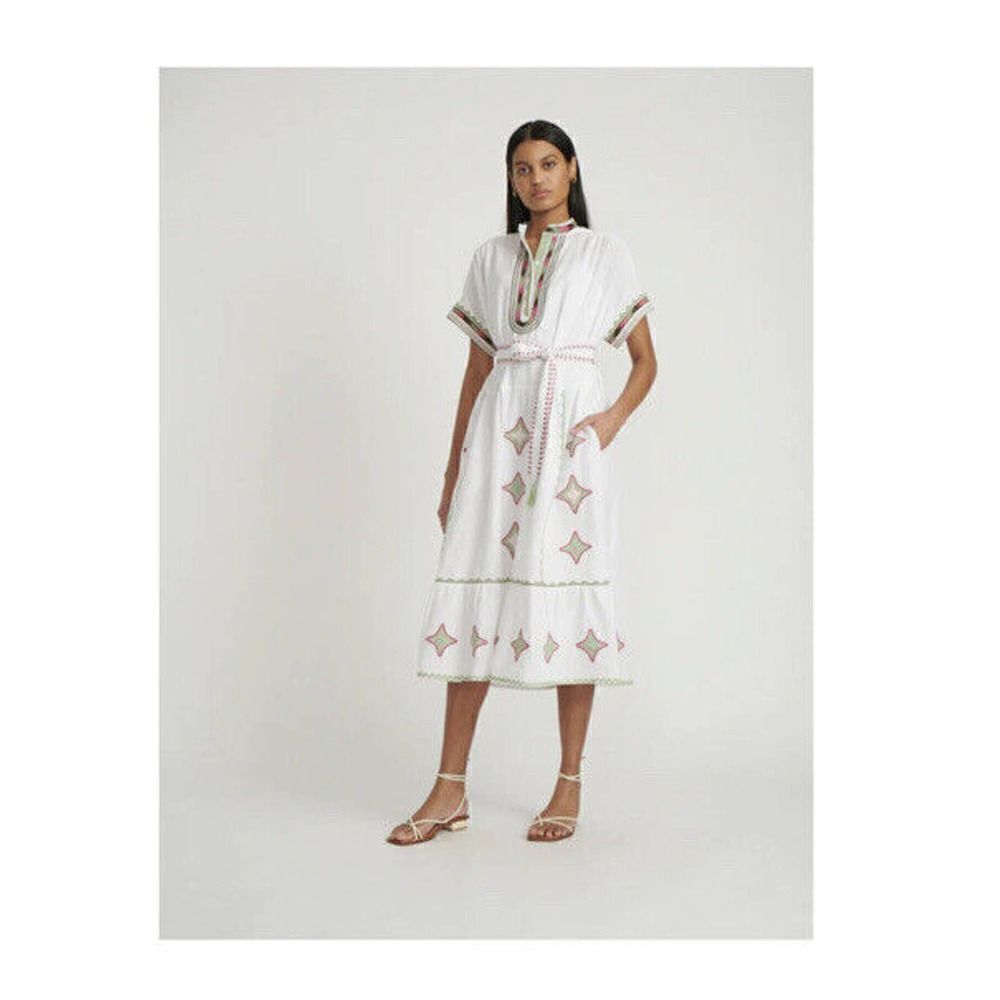 Saloni Ashley Dress in White Long Midi Embroidered Pink Women’s US Size 8/ UK 12